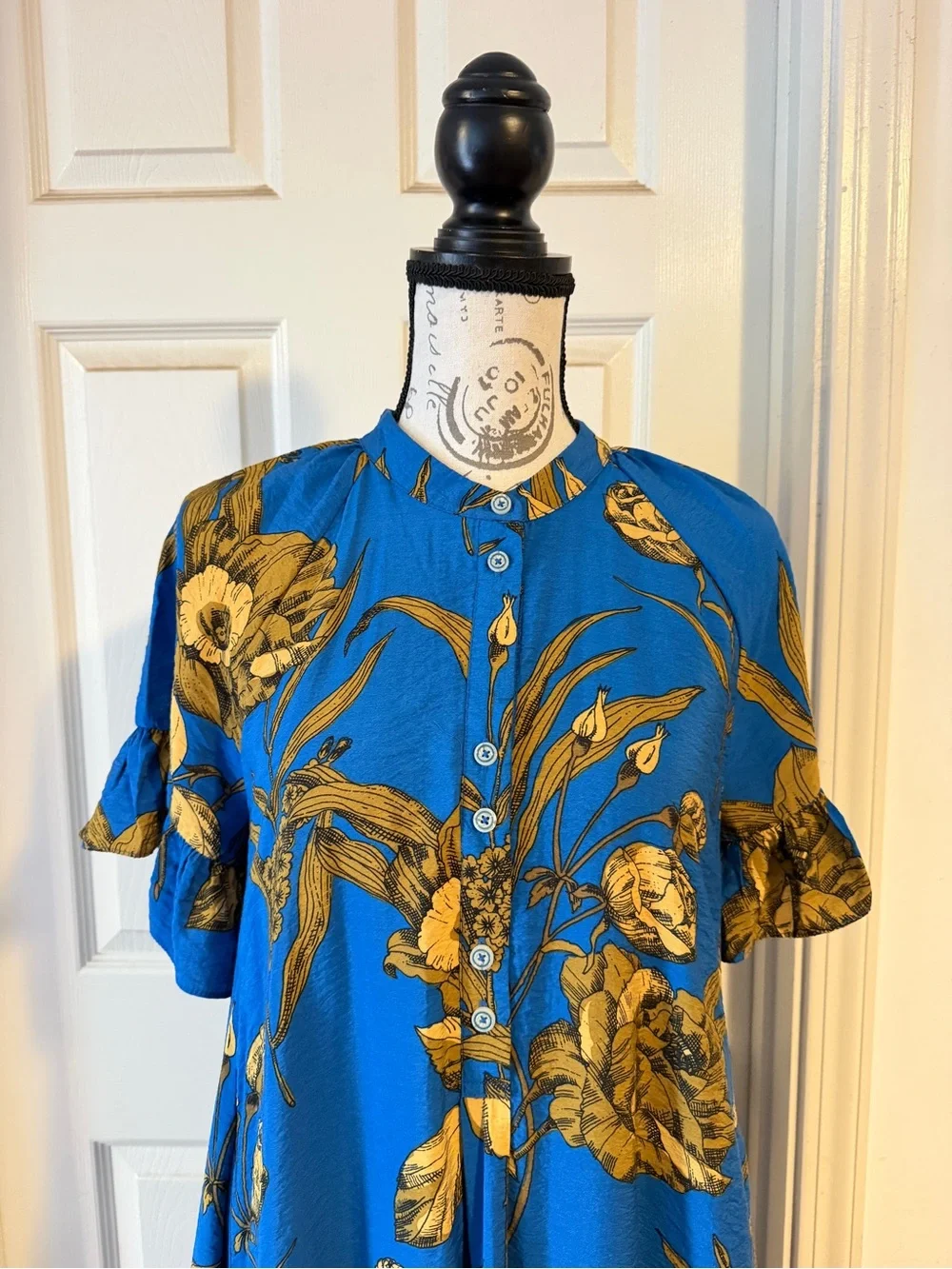 Anthropologie Blue Floral High-Low Midi Dress with Gold Print